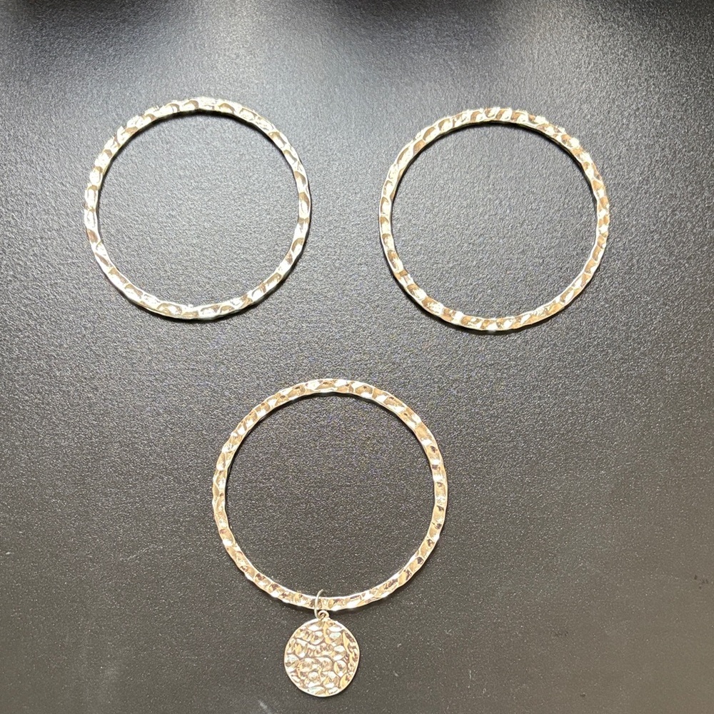 Bangle Bracelets Set of 3 Silver tone hammered texture